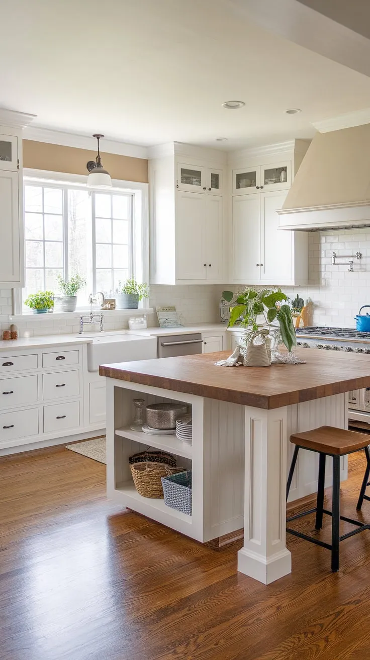 Warmth, functionality, and style seamlessly blend in this contemporary farmhouse kitchen. The expansive island, complete with a butcher block countertop, anchors the space, while the white cabinetry and hardwood floors create a bright and airy atmosphere. A charming farmhouse sink sits beneath a window, adding a touch of rustic elegance. Potted plants and a woven basket complete the inviting ambiance.