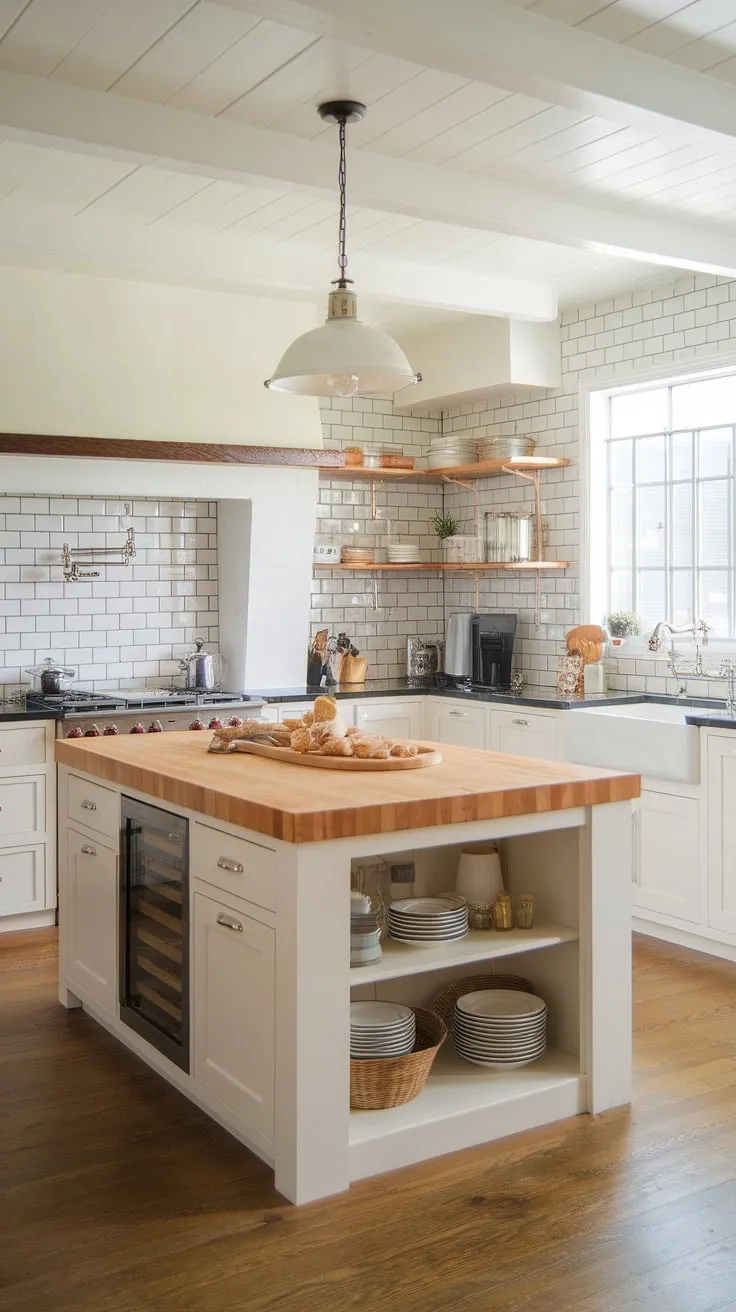 Warmth and functionality meet in this stunning kitchen. The large island, complete with a butcher block top, sink, and stove, is the ultimate gathering place. The white cabinets and dark countertops offer a sophisticated contrast, while the wood floors add a touch of rustic charm. A dream kitchen come true.