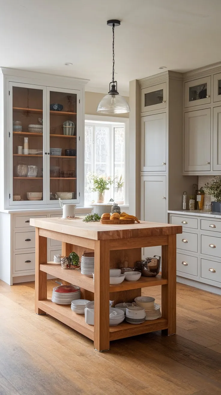 The heart of the home: This contemporary farmhouse kitchen boasts a spacious butcher block island, perfect for culinary creations. A blend of white cabinetry and soft gray tones creates a calming yet functional space, showcasing a curated collection of kitchenware within easy reach. The warm wood floors and elegant pendant lighting complete the inviting ambiance.