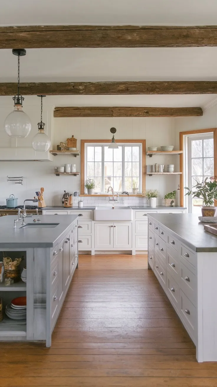 This modern farmhouse kitchen is a dream come true. The spacious island, complete with sleek grey countertops, provides ample workspace, while the white cabinets and farmhouse sink add a touch of classic charm. Warm wood floors and rustic beams create a cozy atmosphere, perfectly complemented by the soft glow of the pendant lights. A perfect blend of rustic and modern, this kitchen is both functional and beautiful.
