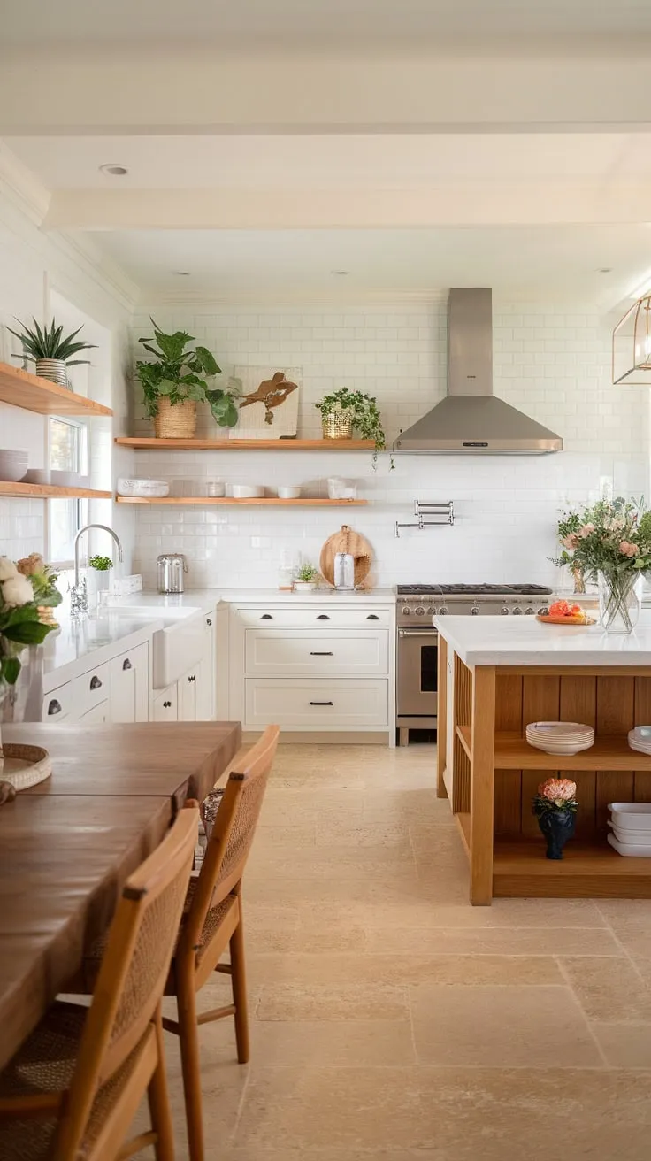 Sunlight streams into this modern farmhouse kitchen, illuminating the warmth of the wooden countertops and the inviting farmhouse sink. The spacious island, a perfect gathering spot, anchors the room, while pops of greenery add a touch of life and serenity. A perfect blend of rustic charm and contemporary style.