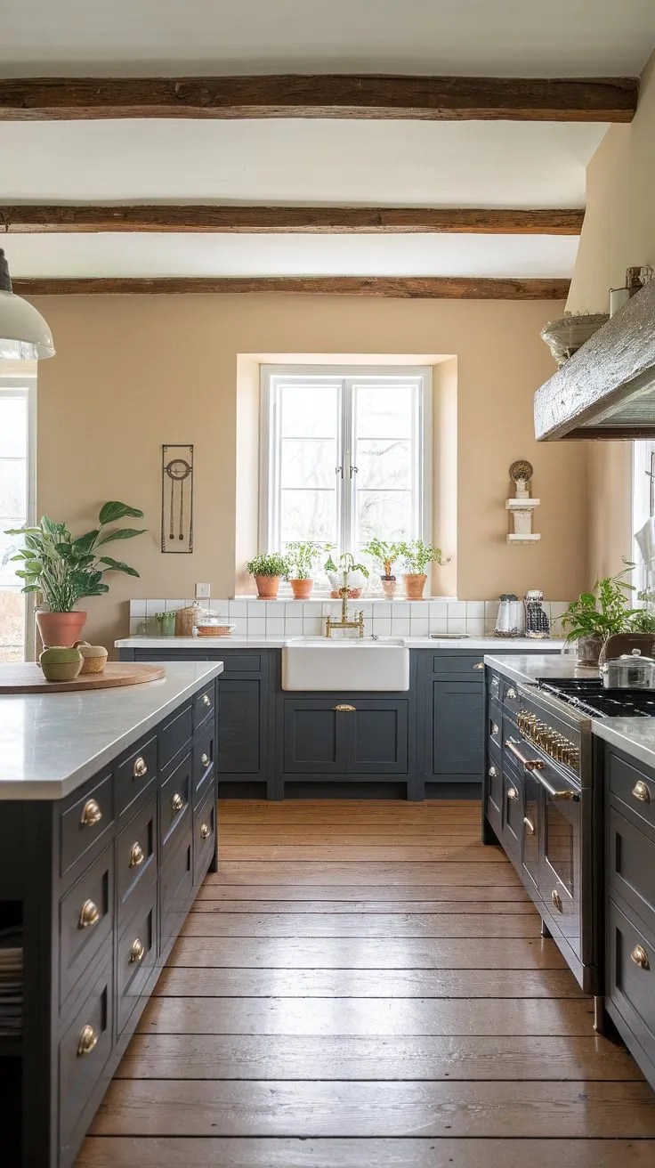 Warmth, functionality, and rustic charm blend seamlessly in this modern farmhouse kitchen. The exposed beams, gray cabinetry, and white countertops create a space that's both inviting and effortlessly stylish. A farmhouse sink, brass faucet, and abundant greenery complete the picture, making it the heart of the home.