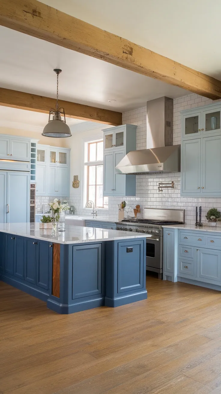 This modern farmhouse kitchen seamlessly blends rustic charm with contemporary elegance. The contrasting blue cabinetry, white island, and marble countertops create a stunning focal point, while the exposed wooden beam adds a touch of warmth and character. A perfect space for creating culinary memories.