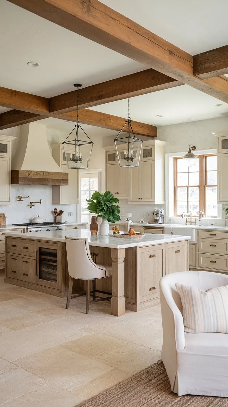 This modern farmhouse kitchen seamlessly blends contemporary design with rustic charm. The expansive island, topped with elegant white marble, anchors the space, while the beige cabinetry and exposed wooden beam add warmth and character. A touch of greenery and a comfortable white chair complete the inviting atmosphere. A truly stunning space.