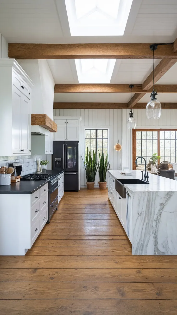This modern farmhouse kitchen seamlessly blends rustic charm with contemporary elegance. The black accents against the white cabinetry create a striking contrast, while the skylight and potted plants bring in a touch of nature, making it the heart of the home. The large island, perfect for gathering, is a testament to thoughtful design.