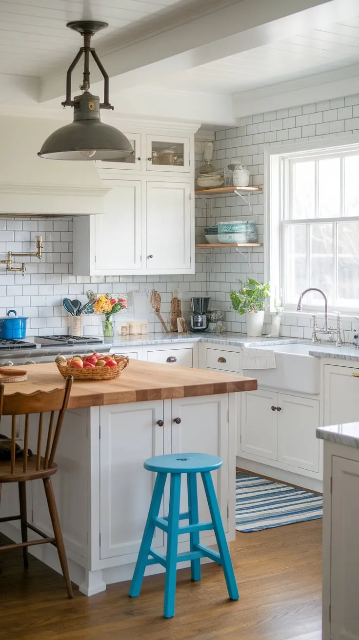 Warmth and style blend seamlessly in this contemporary farmhouse kitchen. The white cabinetry, marble countertops, and subway tile backsplash create a bright and airy atmosphere, while the butcher block island and vintage industrial light fixture add a touch of rustic charm. A pop of blue from the stool under the window complements the natural wood tones and fresh flowers, creating a space that feels both inviting and effortlessly chic. The carefully curated details, from the basket of apples to the potted plant, speak to a life lived with intention and A sense of peaceful abundance.