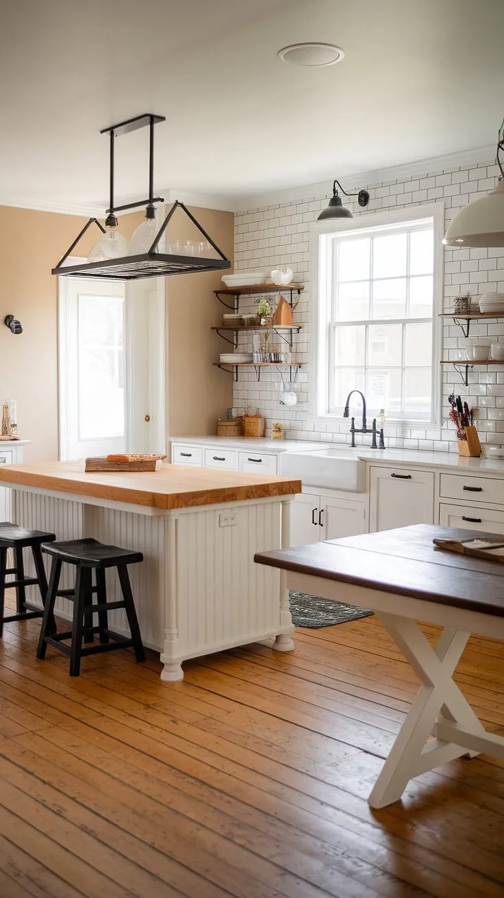 Warmth and practicality meet in this stunning contemporary farmhouse kitchen. The large island, featuring a durable butcher block countertop, anchors the space, complemented by white quartz surfaces and a classic subway tile backsplash. The thoughtful design seamlessly blends modern convenience with timeless farmhouse charm.