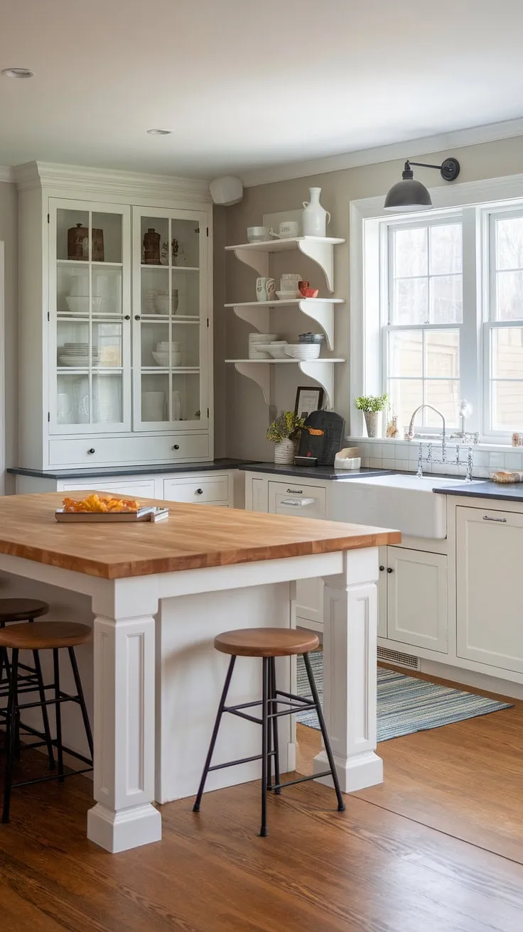 A dream kitchen realized: This stunning space seamlessly blends modern convenience with rustic charm. The large island, complete with a butcher block countertop and ample seating, is the undeniable focal point. The thoughtful details, from the A-line cabinetry to the natural light flooding in, make this kitchen truly special.