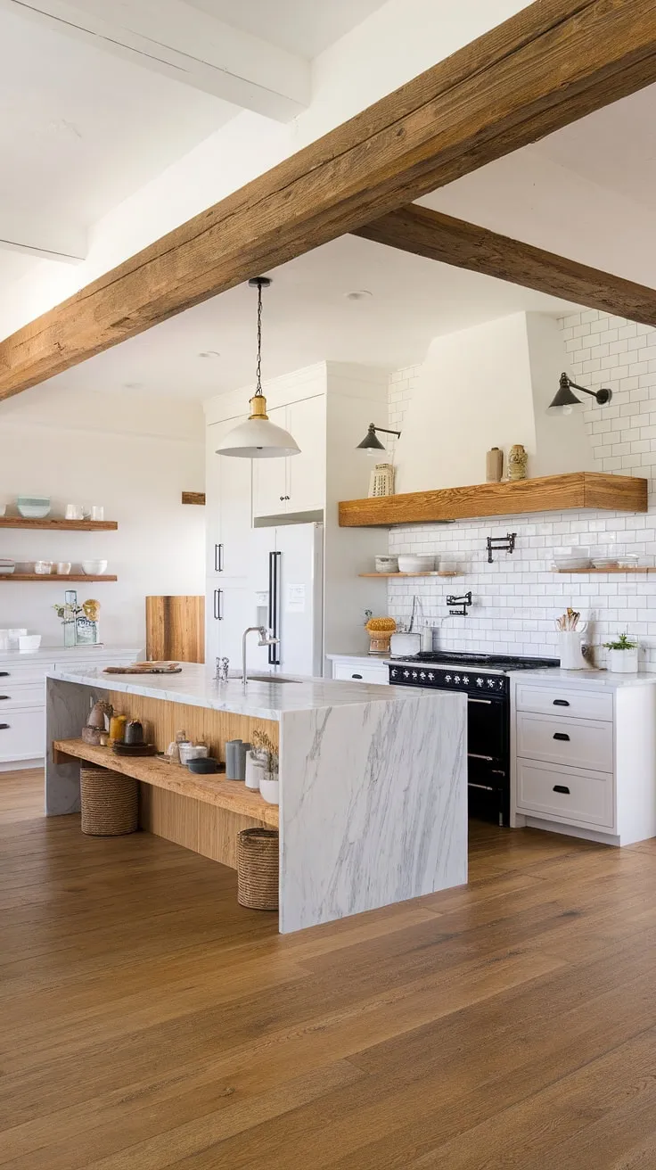 Warmth and modern style blend seamlessly in this contemporary farmhouse kitchen. The rich wood tones, accented by crisp white cabinetry and a stunning marble island, create a space that's both inviting and sophisticated. A perfect example of how rustic charm can meet clean lines for a truly timeless design.