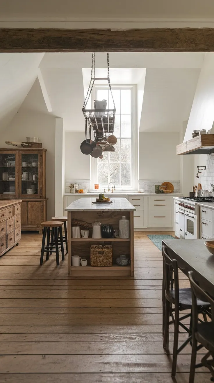 Where rustic charm meets modern convenience. This farmhouse kitchen, bathed in natural light from the high window, boasts a stunning marble island, perfect for casual gatherings and culinary creations. The wooden cabinetry and flooring add warmth and character, creating a space that's both beautiful and functional.