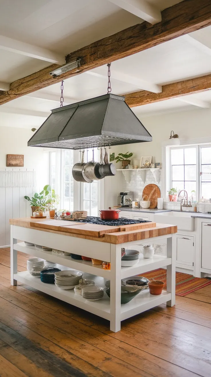 The heart of the home: A modern farmhouse kitchen where rustic charm meets contemporary convenience. The large butcher block island, complete with a pot rack overhead, is the perfect spot for culinary creations, all under the warmth of exposed wooden beams. A symphony of textures and light, this space effortlessly blends the old with the new.
