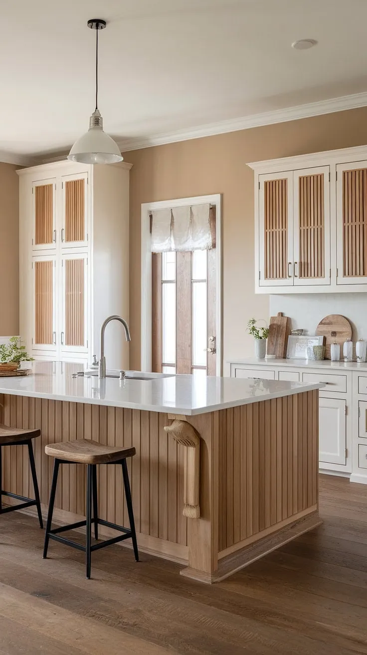 This modern farmhouse kitchen is the heart of the home, a space where family gathers and memories are made. The sleek white quartz countertops and custom cabinetry with vertical wood slats create a stunning contrast, while the soft beige walls and warm wood floors add a touch of rustic charm. A perfect blend of contemporary and farmhouse style, it's a kitchen designed for both beauty and functionality.