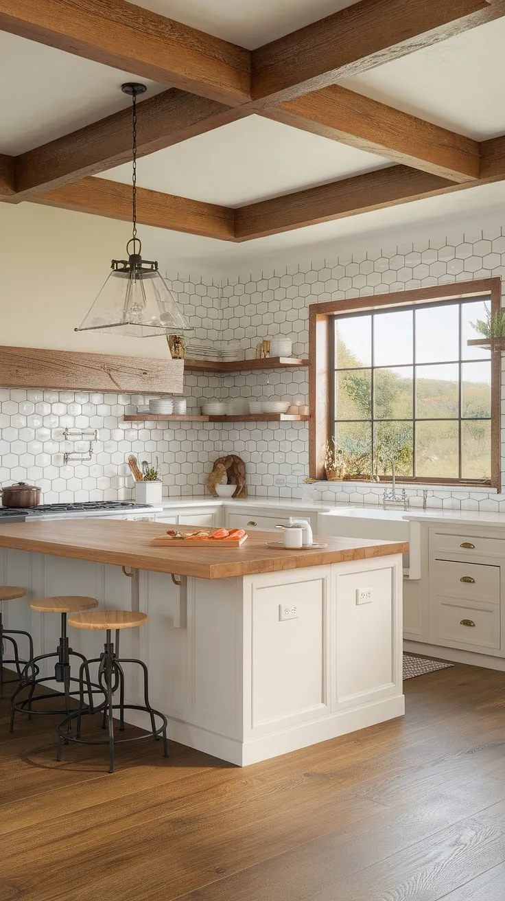 A dream kitchen realized. The combination of clean white lines, rich wood accents, and a captivating view from the window makes this space truly exceptional. The patterned backsplash adds a touch of personality, while the ample island provides both functionality and a welcoming atmosphere.