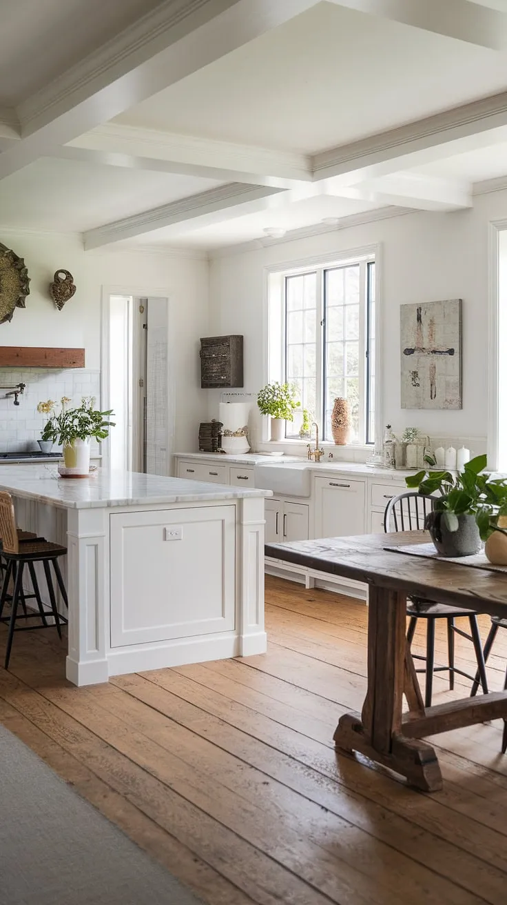 This stunning kitchen seamlessly blends modern aesthetics with rustic charm. The expansive white island, topped with elegant marble, is the centerpiece, complemented by the warm tones of the wooden floors and a charming rustic table. A haven for culinary creativity and comfortable gatherings.