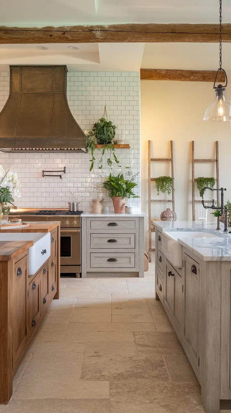 Where rustic charm meets modern convenience. This kitchen's blend of light gray cabinetry, a striking marble island, and a bronze range hood creates a space that's both inviting and effortlessly stylish. The white subway tile backsplash adds a touch of classic elegance, while the potted plants and wooden ladder bring a sense of warmth and lived-in comfort. A perfect example of how to seamlessly integrate different design elements to achieve a truly unique and functional space.