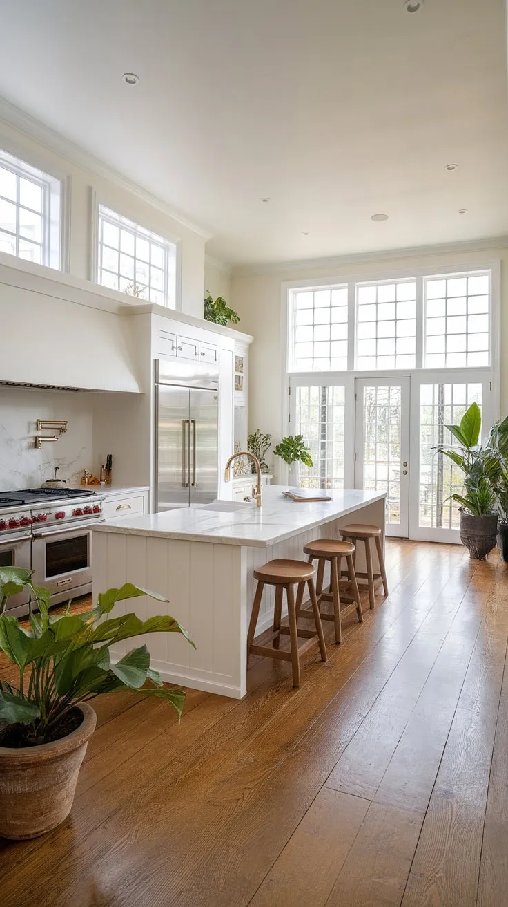 The heart of the home: a bright, airy kitchen designed for effortless living. Sub-Zero and Wolf appliances meet sleek white cabinetry and a stunning marble island, creating a space that's as beautiful as it is functional. The abundance of natural light and carefully chosen plants add a touch of serenity to this contemporary farmhouse haven.