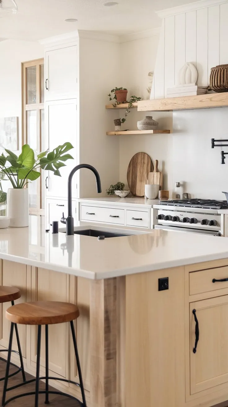 The heart of the home: A serene modern farmhouse kitchen, anchored by a spacious island with crisp white quartz countertops and sleek black fixtures. Warm wood tones and lush greenery create a welcoming and effortlessly stylish atmosphere. A sense of calm pervades this beautifully designed space.