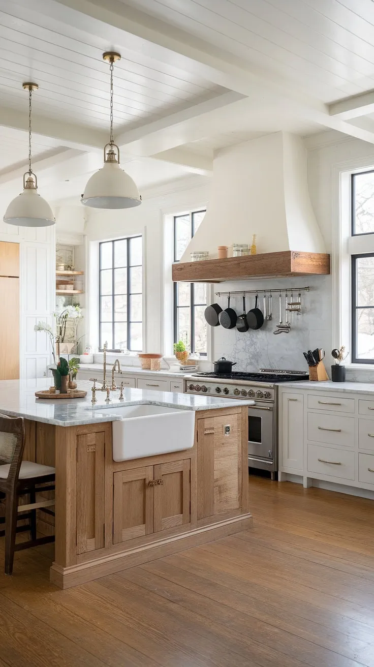 This stunning kitchen seamlessly marries modern design with farmhouse aesthetics. The spacious island, topped with luxurious marble and featuring a farmhouse sink, is the heart of this bright and airy space. A perfect example of how clean lines and natural light can create a truly inviting and functional kitchen.