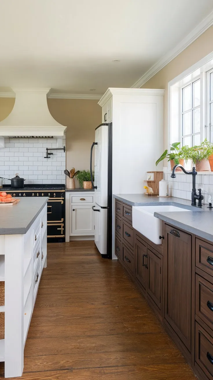 A dream kitchen realized: The perfect balance of farmhouse warmth and modern sophistication is achieved here. A white island anchors the space, complemented by dark wood cabinets and grey stone countertops. The black accents add a touch of drama, while the natural light and potted plants create a welcoming atmosphere. A space designed for both style and functionality.
