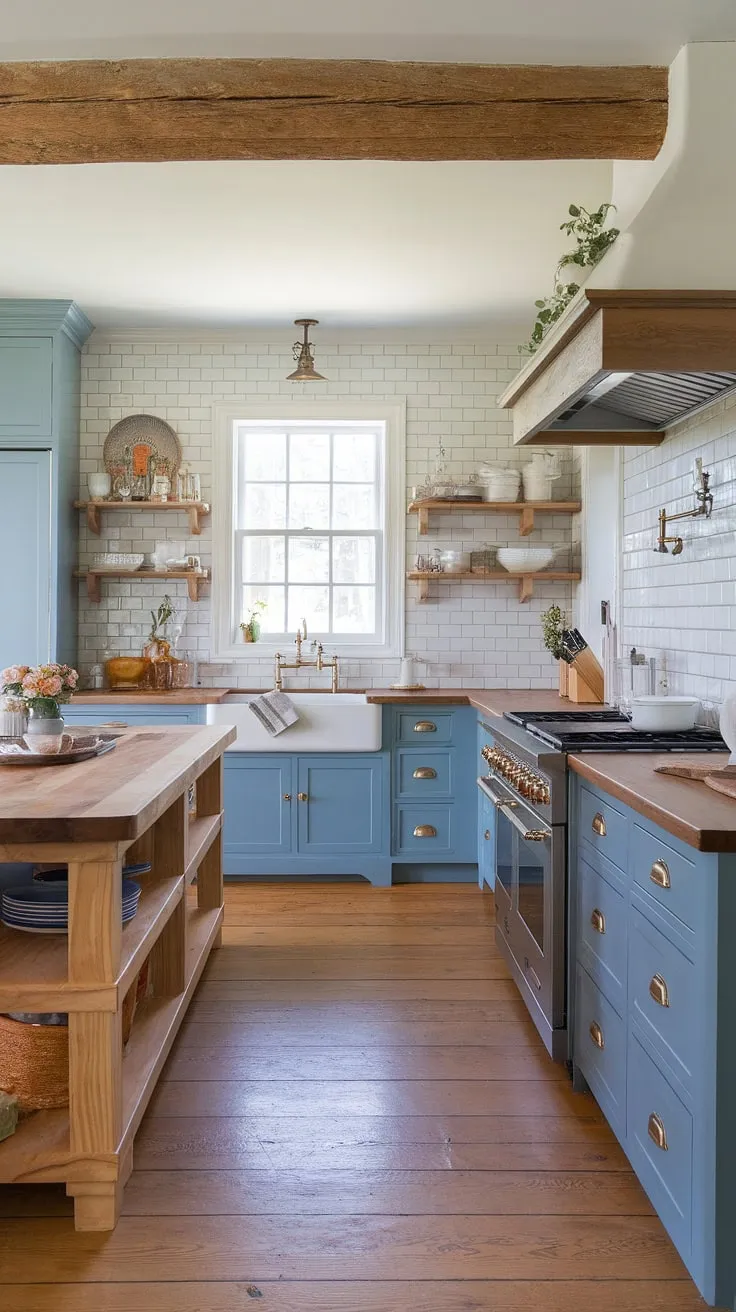 The heart of the home: a stunning kitchen where rustic meets modern. The combination of a farmhouse sink with a window view, a spacious butcher block island, and beautifully detailed blue cabinets creates a space that's both functional and aesthetically pleasing. Every detail, from the brass hardware to the oak floors, contributes to its unique charm.