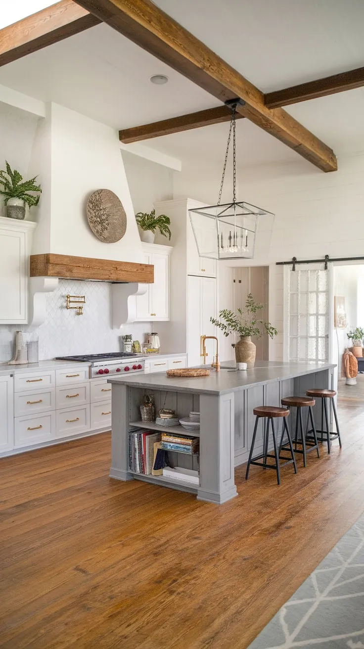 This stunning kitchen seamlessly blends the best of both worlds. The crisp white cabinetry and sleek island create a clean, modern aesthetic, while the exposed wooden beam and potted plants add a touch of farmhouse warmth. A beautiful example of how to achieve a sophisticated and inviting atmosphere.