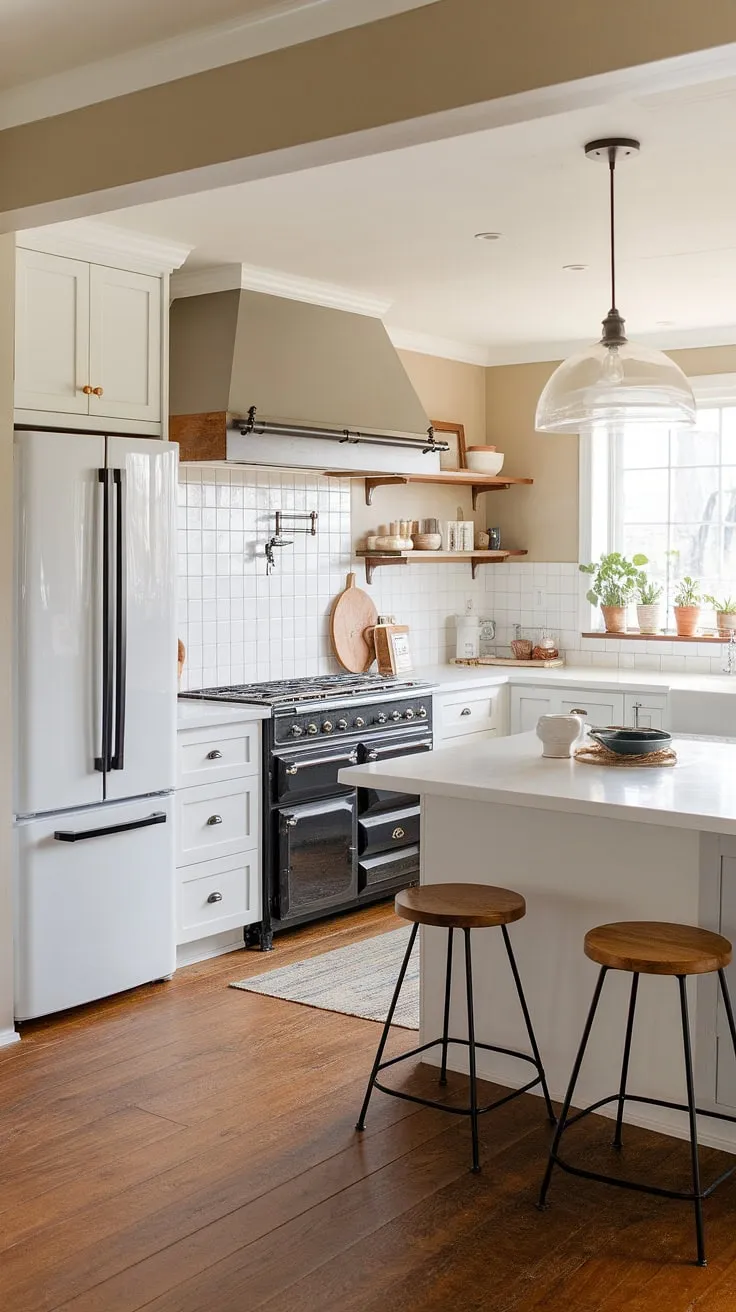 The heart of the home: a bright and airy kitchen where modern farmhouse style shines. Clean lines, a neutral color palette, and thoughtful details like the black range and the charming window plants create a space that's both beautiful and incredibly practical. A kitchen designed for both everyday living and special occasions.