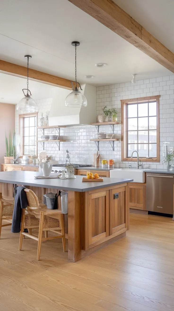 This stunning kitchen seamlessly marries modern appliances with the inviting character of a farmhouse. The spacious island, crafted from rich wood, anchors the room, while the gray countertops and white backsplash offer a clean, sophisticated contrast. A truly inspiring space for any home chef.