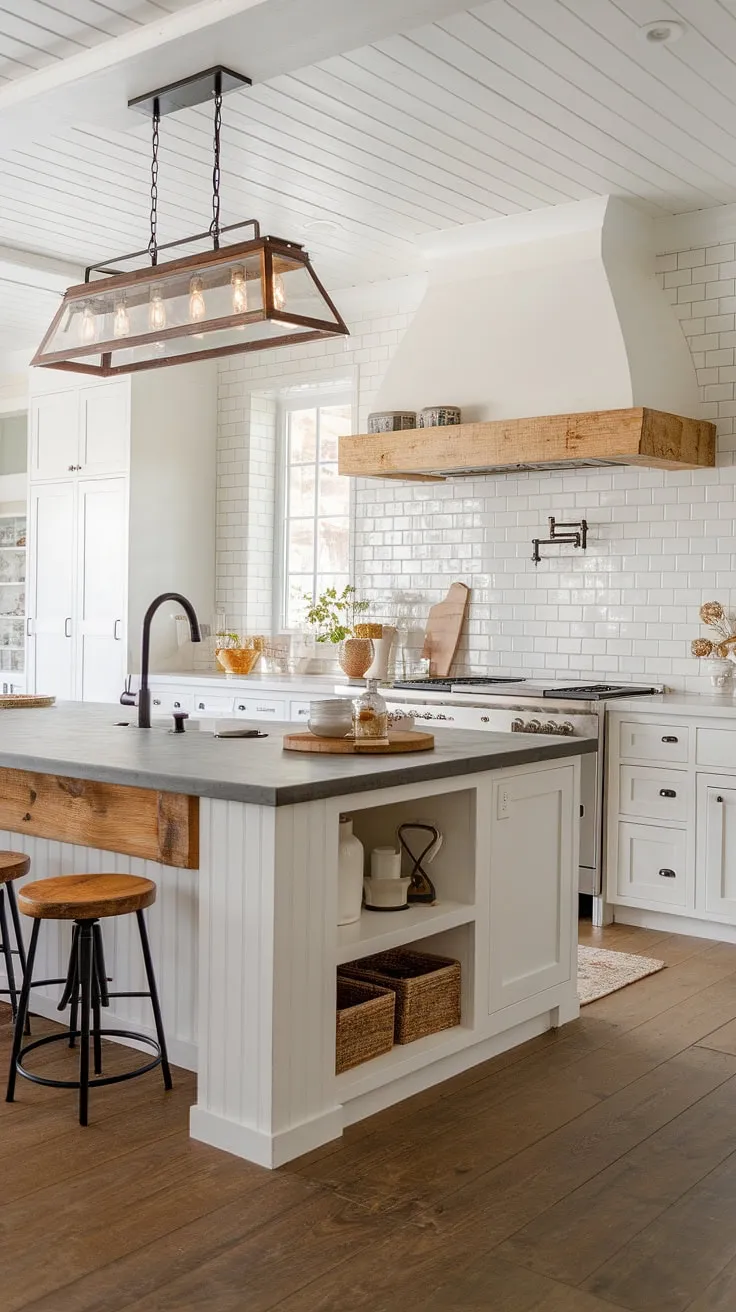 Warmth and modern style blend seamlessly in this dream kitchen. A large island anchors the space, offering ample prep area and seating. The combination of white cabinets, gray countertops, and a unique wood sink creates a sophisticated yet inviting atmosphere. A truly beautiful and functional heart of the home.
