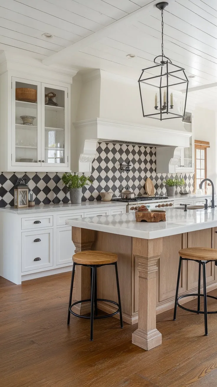 This contemporary farmhouse kitchen effortlessly blends rustic warmth with sleek modern aesthetics. The large island, topped with pristine white marble, serves as the heart of the home, while the black and white checkered backsplash adds a touch of playful sophistication. A space where functionality and beauty coexist seamlessly.