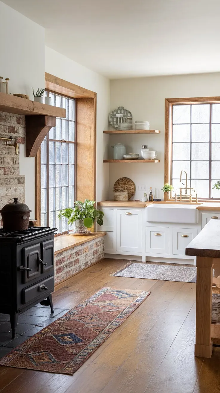 Sunlight streams through the large windows of this stunning farmhouse kitchen, illuminating the beautiful blend of textures and materials. From the rustic brick backsplash to the sleek wooden island, every detail has been carefully considered to create a space that's both functional and aesthetically pleasing. A true haven for culinary creativity.