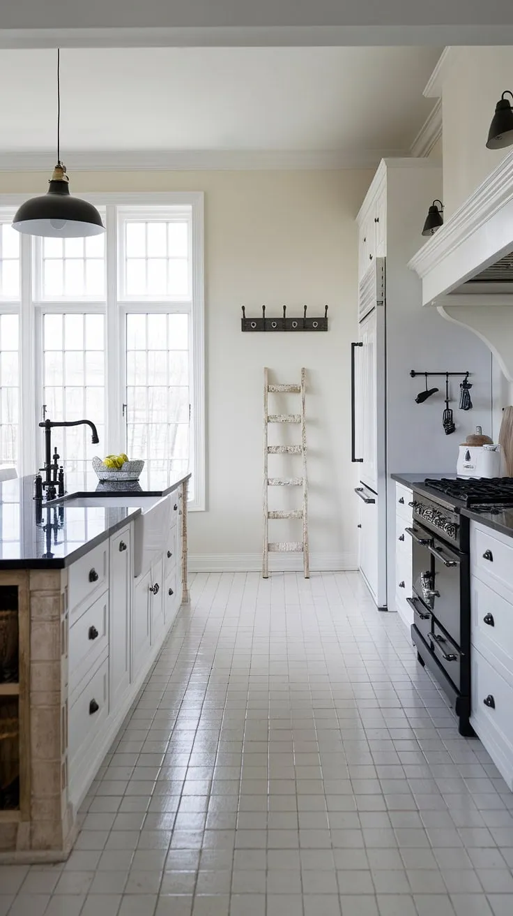 Modern farmhouse dreams are made of this: crisp white cabinets, black accents, and a spacious island perfect for gathering. The black granite countertop and sleek appliances add a touch of sophistication, while the wooden ladder and natural light create a warm and inviting atmosphere. A perfect blend of rustic charm and contemporary style.