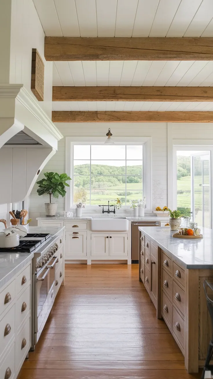 This bright and airy kitchen seamlessly blends rustic details with modern amenities. The white cabinetry, accented with aged hardware, complements the rich marble and hardwood floors. A view of the lush landscape beyond the window completes the idyllic setting, creating a space that's both functional and utterly inviting.