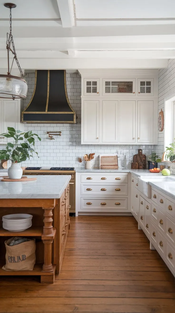 Where modern meets farmhouse charm. The warmth of the wood floors and vintage lighting perfectly complements the crisp white cabinetry and sleek marble island, creating a kitchen that's both stylish and inviting. A touch of rustic texture with the burlap bag adds a layer of comforting detail.