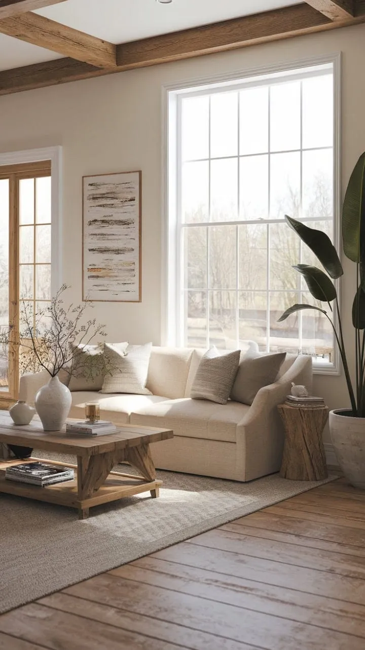 Bathed in sunlight, this contemporary farmhouse living room harmoniously blends modern chic with rustic charm, creating a serene sanctuary of warmth and style.