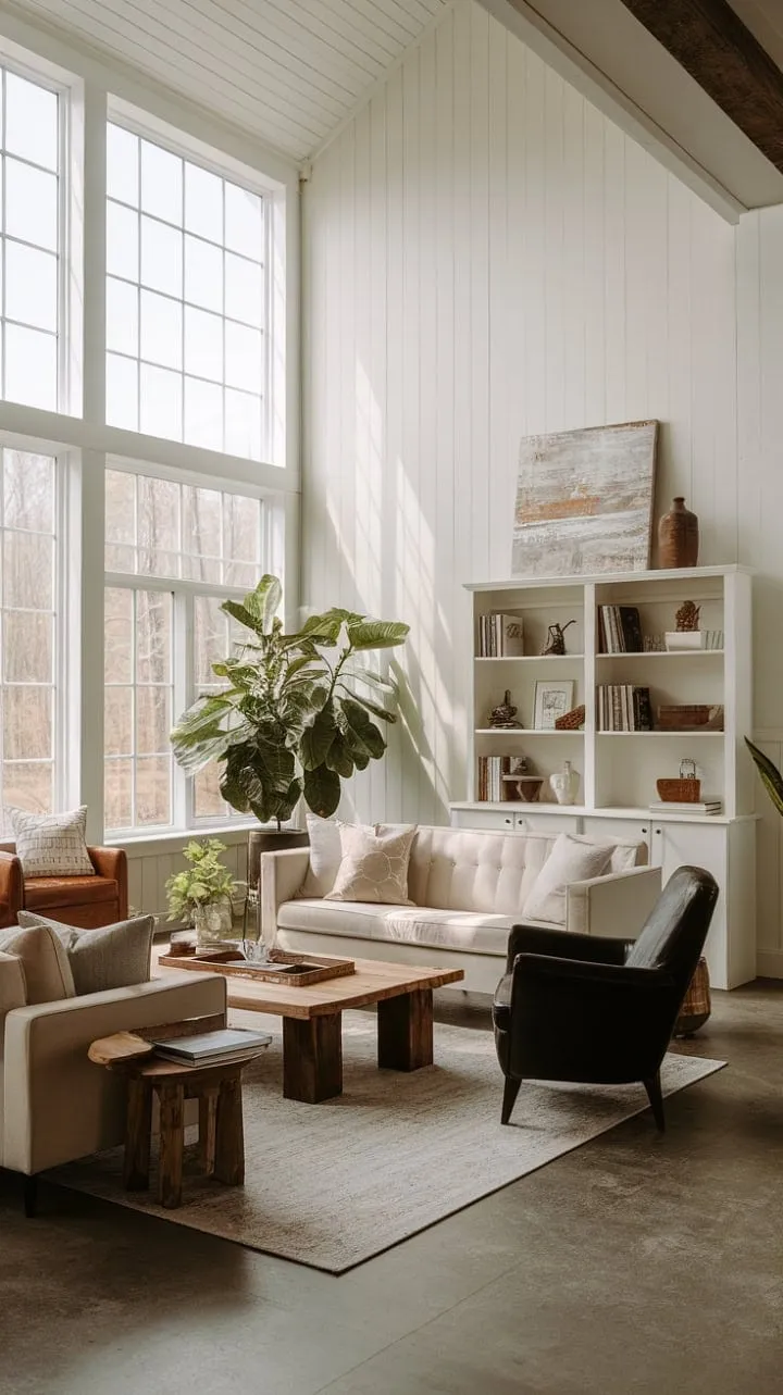 Bathed in natural light, this serene living room blends inviting textures and contrasting elements into a sanctuary of understated elegance.