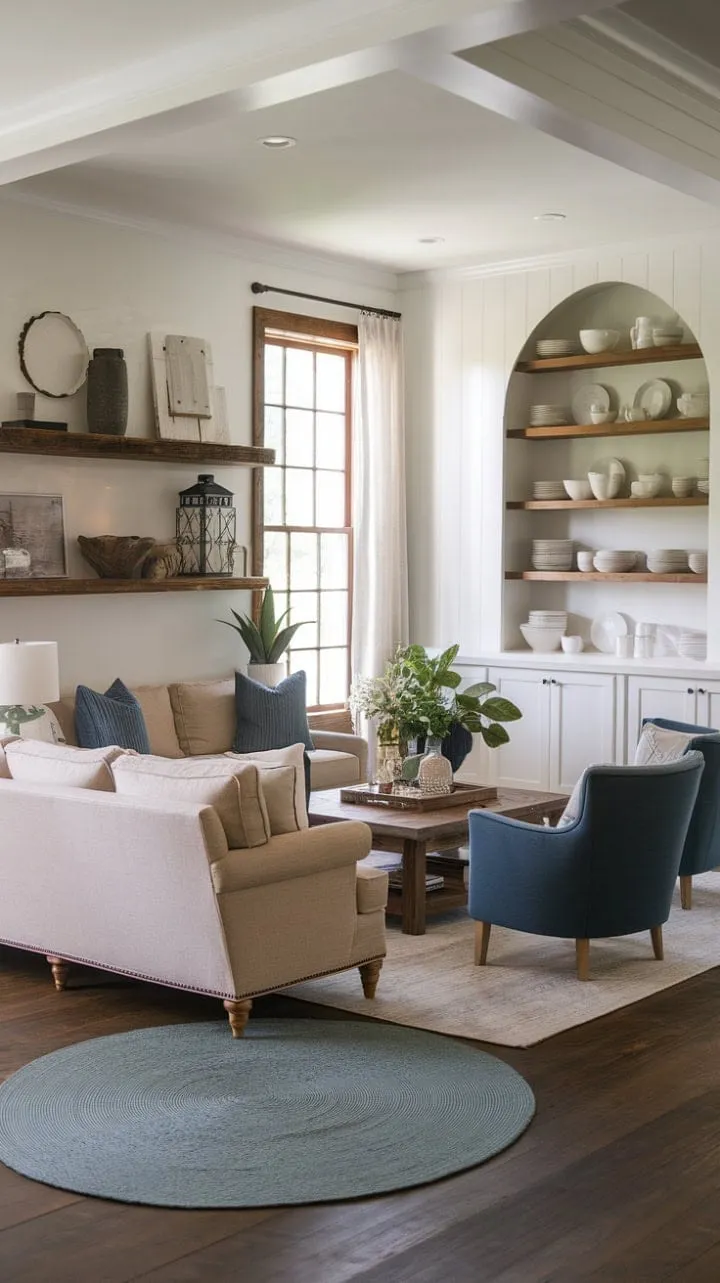 This modern farmhouse living room harmoniously blends rustic charm with contemporary elegance, creating an inviting yet sophisticated retreat.