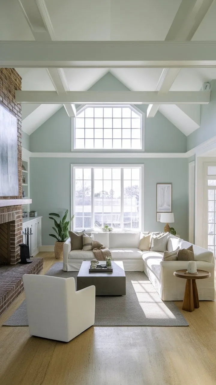 This contemporary farmhouse living room harmoniously fuses rustic charm and modern elegance, featuring serene light blue walls, a cozy white sofa, and a warm brick fireplace that together create an inviting ambiance.