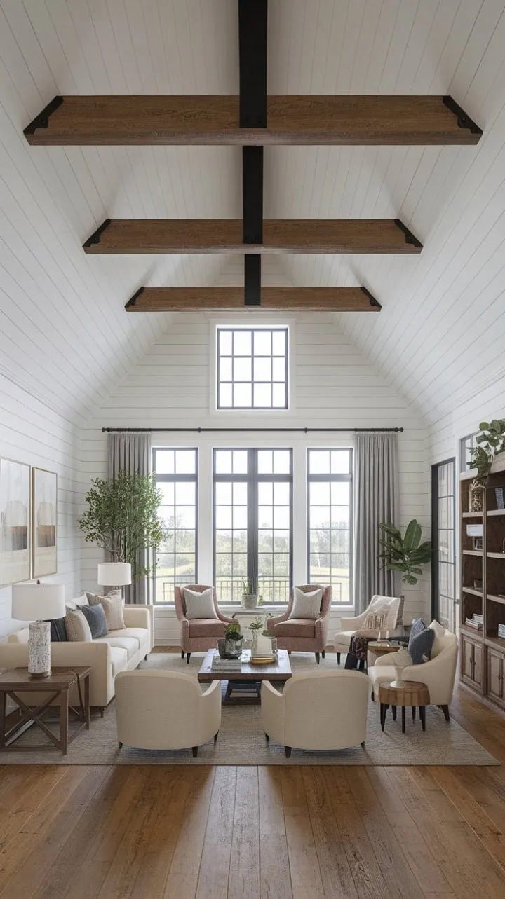 Bathed in sunlight, this contemporary farmhouse living room harmoniously blends rustic charm with sleek design, crafting a serene and sophisticated retreat.