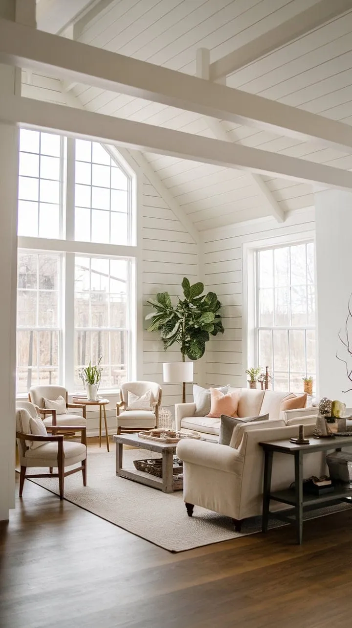 This contemporary farmhouse living room harmoniously fuses rustic charm with modern elegance, creating a spacious sanctuary that invites relaxation and connection.