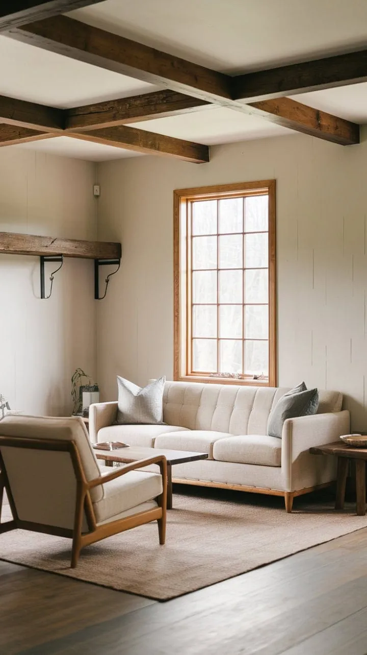 This contemporary farmhouse living room harmoniously fuses rustic charm and modern comfort, creating a cozy yet sophisticated sanctuary for relaxation and connection.