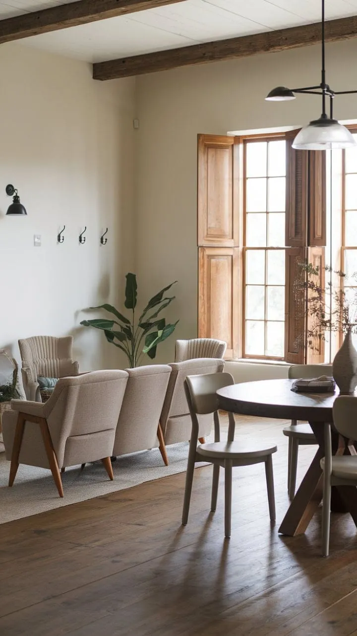 Sunlight dances through wooden shutters, casting a warm glow on a contemporary farmhouse living room that beautifully marries rustic charm with modern elegance, inviting relaxation and simple joys.