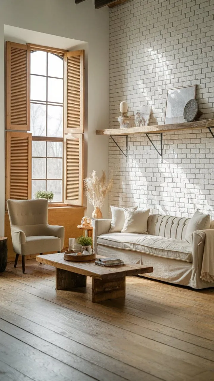 Sunlight dances through wooden shutters, highlighting a chic contemporary farmhouse living room where exposed brick meets rustic wood for a perfect blend of modern comfort and timeless charm.