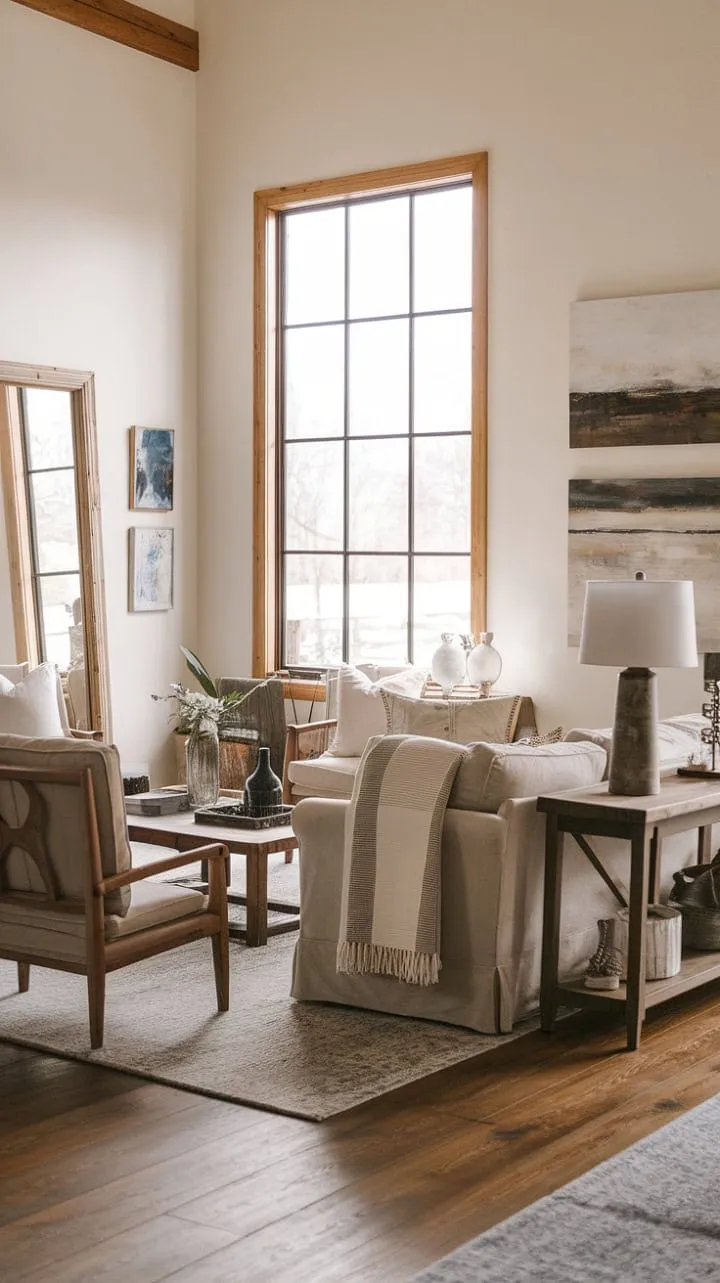 This modern farmhouse living room harmoniously fuses rustic charm with contemporary flair, crafting a cozy sanctuary ideal for relaxation and memorable moments.