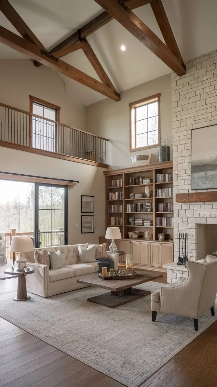 This stunning farmhouse living room masterfully combines rustic charm with modern elegance, featuring soaring ceilings, exposed beams, and a cozy stone fireplace alongside plush furnishings for a warm yet sophisticated retreat.