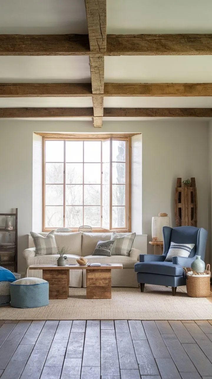 This living room masterfully combines modern comfort and rustic charm, creating an inviting atmosphere filled with thoughtful details and a relaxed elegance.