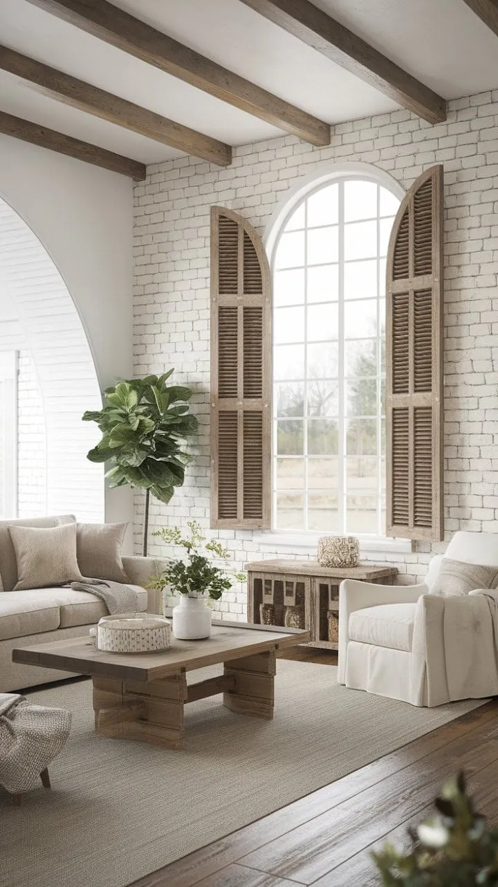 Sunlight dances through wooden shutters, highlighting a cozy contemporary farmhouse living room where rustic charm meets modern comfort in a warm, inviting embrace.