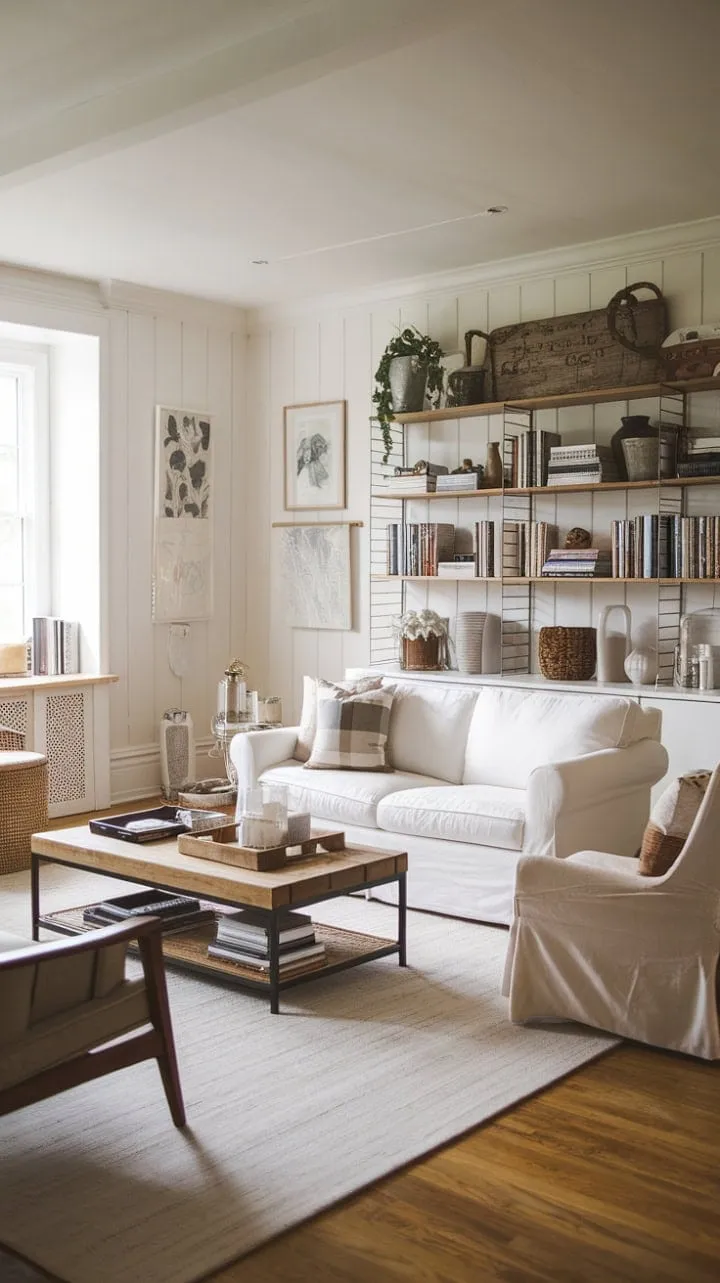 This living room harmoniously fuses rustic farmhouse warmth with sleek modern elegance, bathed in natural light and a soothing neutral palette.