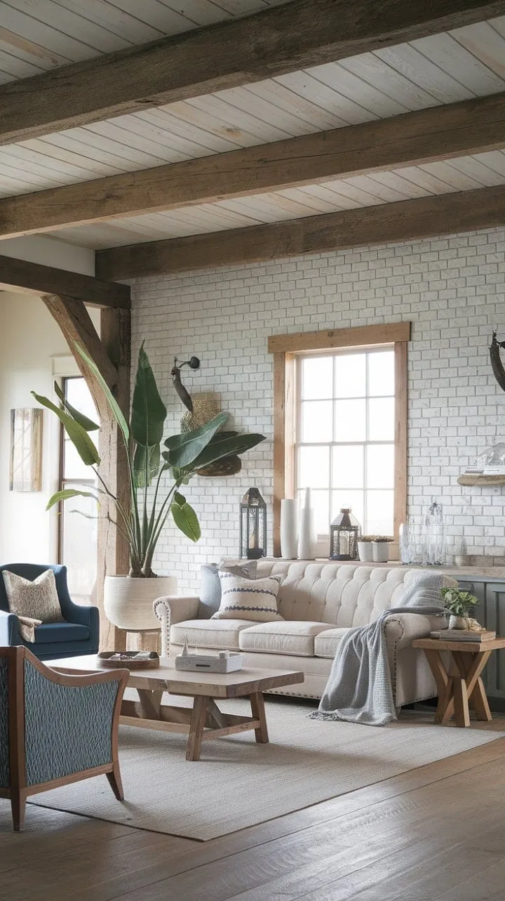 In this farmhouse living room, rustic wooden beams and a white brick wall harmonize with a cozy beige sofa and vibrant blue accents, creating a perfect blend of charm and modern comfort.