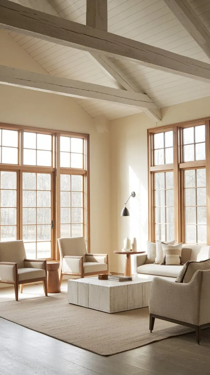 Bathed in sunlight, this contemporary farmhouse living room blends rustic charm with airy elegance, creating a serene oasis of effortless style.