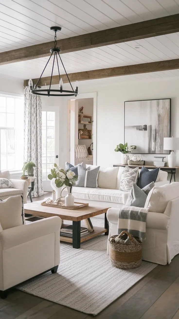 Cozy evenings and rustic charm meet modern comfort in this thoughtfully designed farmhouse living room. The blend of textures and styles creates a space that's both inviting and effortlessly chic.